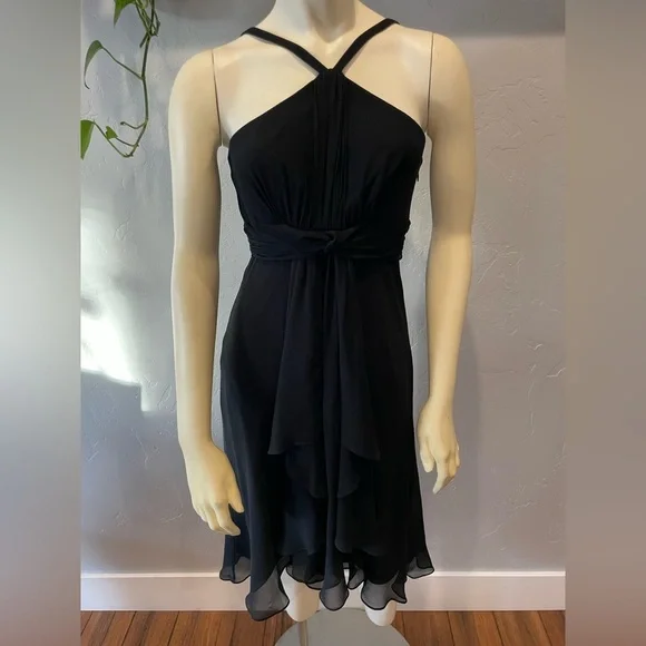 Y2K 100% silk chiffon black midi Dress size 2 - Picture 2 of 8